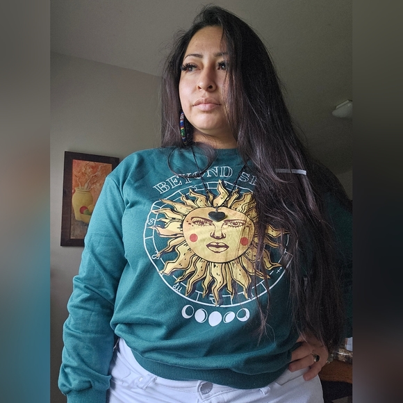 SHEIN Teen Cotton Green Vintage Sun Pattern Sweatshirt - Picture 6 of 7